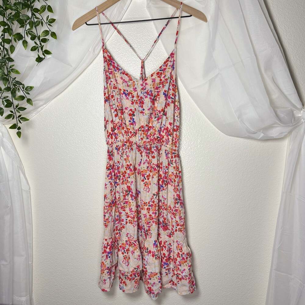 Love Stitch Pink Floral Print  Strap Tiered Wedding Guest Mini Skirt Dress